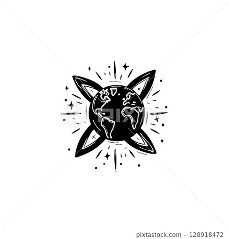 Celestial globe illustration surrounded by Celtic knot emblem radiates cosmic energy 128918472