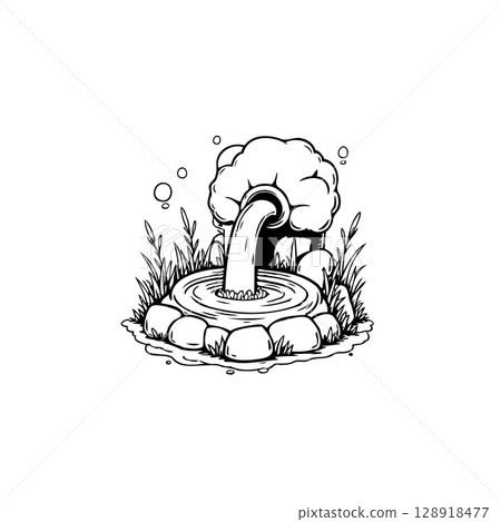 Enigmatic monochrome fountain illustration capturing nature's flow and tranquility 128918477