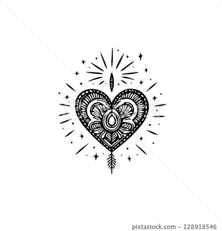 Hand-drawn heart with intricate design, spiritual symbol, and radiant starburst aura Hand-drawn heart with intricate design, spiritual symbol, and radiant starburst aura 128918546