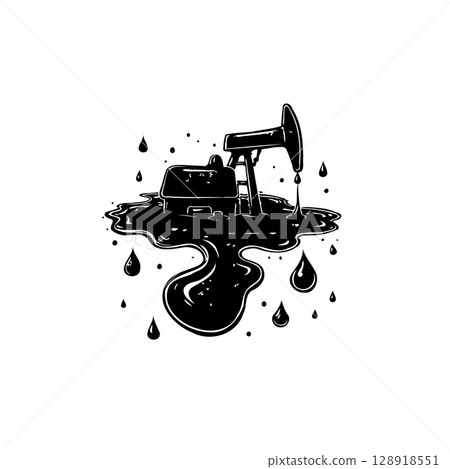 Illustration of an oil pumpjack with spilled crude oil, emphasizing environmental issues 128918551