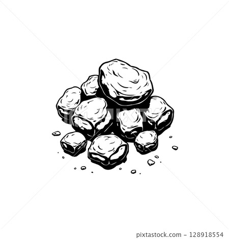 Monochrome illustration of a pile of coal lumps for industrial or energy themes Monochrome illustration of a pile of coal lumps for industrial or energy themes 128918554