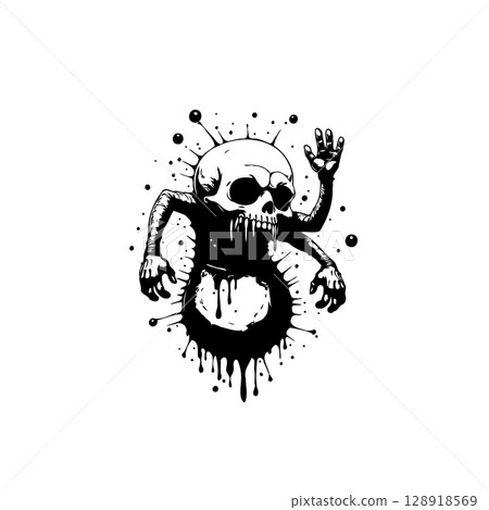 Spooky skull illustration with dripping ink for halloween and gothic themes Spooky skull illustration with dripping ink for halloween and gothic themes 128918569