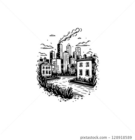 Monochrome cityscape illustration showcasing urban architecture and industrial emissions Monochrome cityscape illustration showcasing urban architecture and industrial emissions 128918589