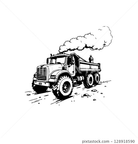 Bold black and white illustration of a heavy-duty dump truck spewing smoke 128918590