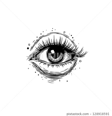 Detailed monochrome drawing of a female eye with long lashes vector illustration Detailed monochrome drawing of a female eye with long lashes vector illustration 128918591