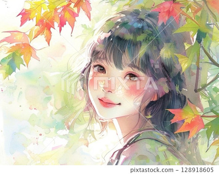 Watercolor illustration of autumn leaves and a girl 4 128918605