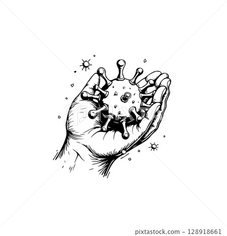 Conceptual Illustration: Hand Holding Coronavirus, symbolizing pandemic awareness and concern 128918661