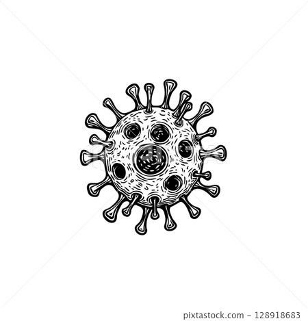 Detailed Monochrome Illustration of a Virus Cell on a White Background 128918683