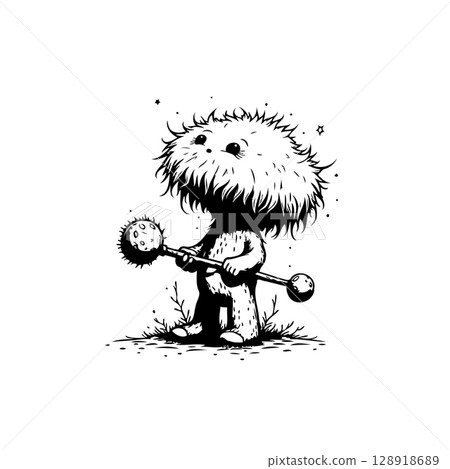 Whimsical furry creature wielding a mace in a cute black and white illustration 128918689