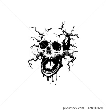 Skull entangled by branches: a spooky graphic illustration in black and white 128918691