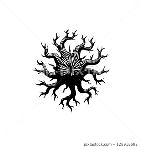 Stylized black and white illustration of a tree with multiple branches forming a circular shape 128918692
