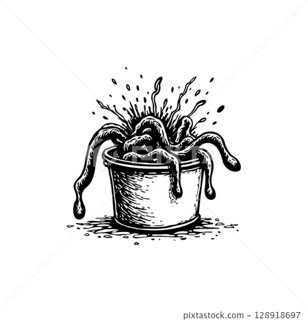 Spooky Splatter: Ink Illustration of a Creepy Creature in a Bucket Graphic 128918697