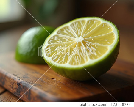 Juicy Cross-Section of Fresh Lime on Rustic Kitchen Wood Surface with Natural Warm Lighting Juicy Cross-Section of Fresh Lime on Rustic Kitchen Wood Surface with Natural Warm Lighting 128918774