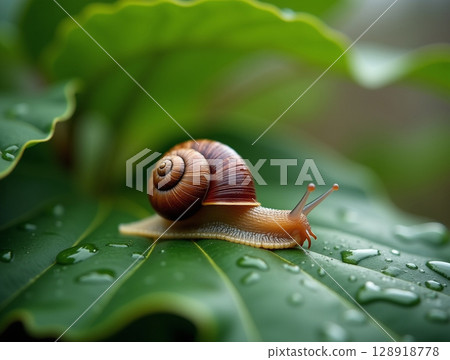 Wet Leaf Surface with Brown Snail and Visible Spiral Shell in Soft Natural Light 128918778