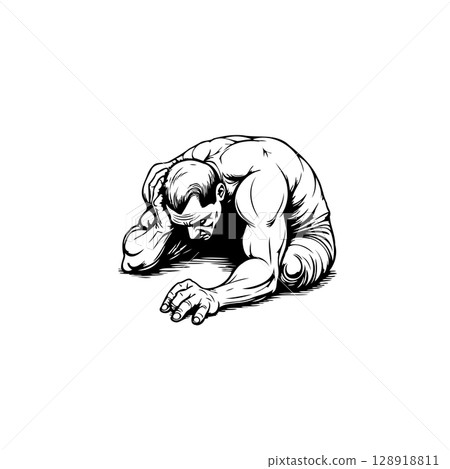 Monochrome illustration depicting a muscular man in distress and in a state of despair 128918811