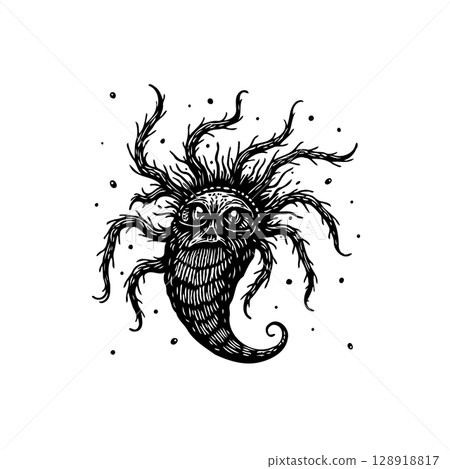 Intricate black and white drawing of a whimsical monster with spindly tentacles 128918817