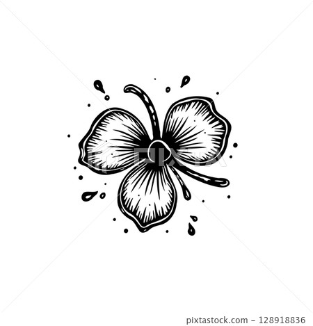Elegant Floral Illustration: Stylized Black and White Flower with Artistic Splatters 128918836