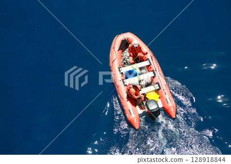 Life boat in gulf or sea to support oil and gas platform, Safety equipment to protect worker when fire case in oil and gas industry, Evacuation equipment in and and gas platform, Safety equipment  128918844