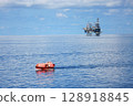 Life boat in gulf or sea to support oil and gas platform, Safety equipment to protect worker when fire case in oil and gas industry, Evacuation equipment in and and gas platform, Safety equipment  128918845