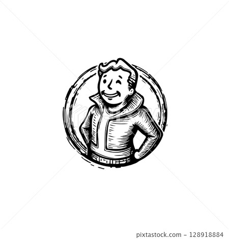 Vintage style illustration of a smiling character in a circle frame isolated 128918884