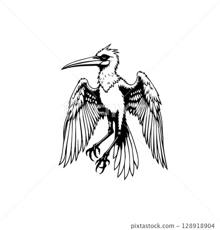 Striking black and white illustration of a heron in majestic flight pose 128918904