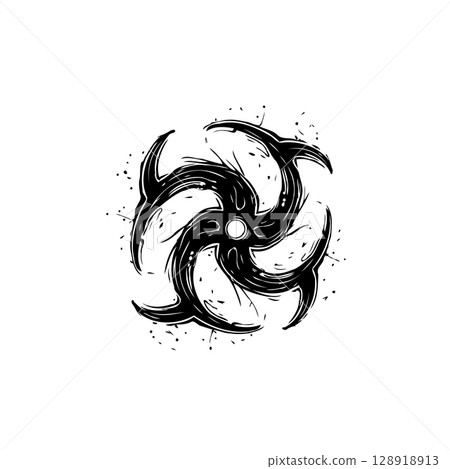 Dynamic vortex graphic illustration featuring swirling black shapes and splatter effect 128918913