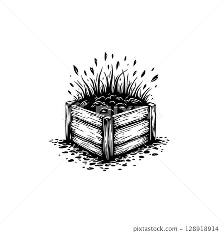 Hand-drawn illustration of a rustic wooden planter box filled with soil and vegetation 128918914