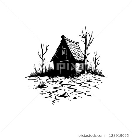 Monochrome Illustration of an Isolated House in a Desolate Landscape 128919035