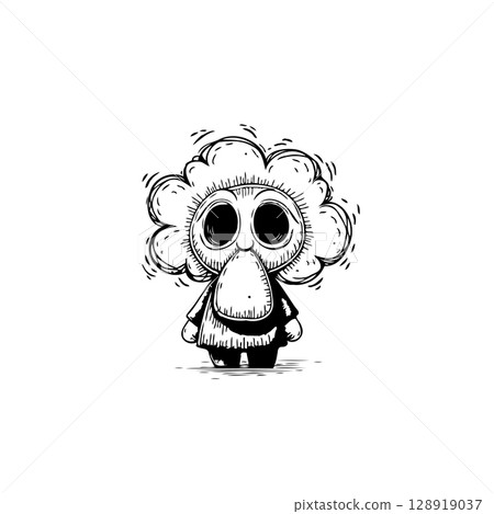 A Whimsical Monochrome Illustration of a Unique Cartoon Character with Quirky Design 128919037