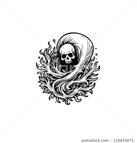 Monochrome skull enveloped in swirling organic forms: a dark fantasy emblem Monochrome skull enveloped in swirling organic forms: a dark fantasy emblem 128919071