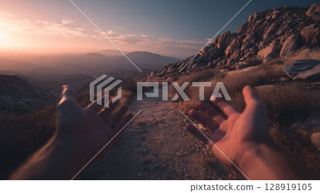 POV shot of hands reaching forward on a path in a rugged mountain landscape at sunset. 128919105