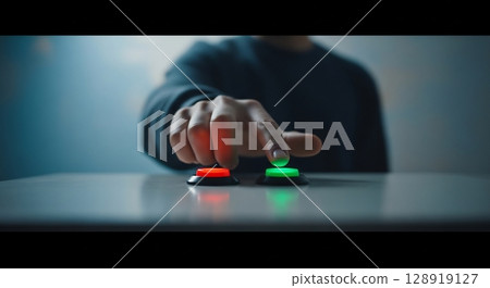 A person's hand selects a bright green button, making a decision. A person's hand selects a bright green button, making a decision. 128919127