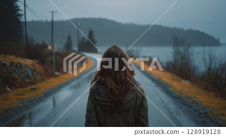 Rear view of a woman walking on a wet, deserted road in nature. 128919128