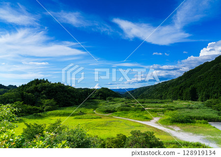 Nara Nunome Dam under a summer sky. Thin clouds that look like they were painted with a brush can be seen in the north. In the plaza next to the parking lot on the east side of the dam. ② 128919134
