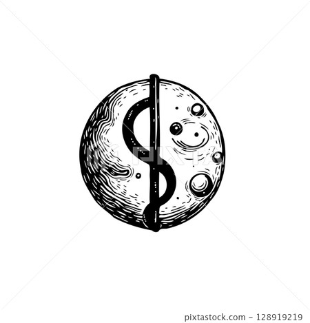 Monochrome Conceptual Art: Moon Divided by Dollar Sign Symbolizing Financial Influence 128919219