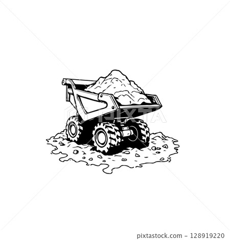 Illustration of a heavy-duty construction dump truck filled with sand or gravel 128919220