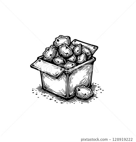Stylized hand-drawn illustration of a overflowing box of rocks, detailed black and white artwork Stylized hand-drawn illustration of a overflowing box of rocks, detailed black and white artwork 128919222