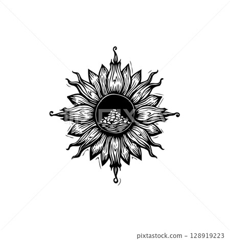 Monochrome mystical flower drawing with celestial symbolism and esoteric flair Monochrome mystical flower drawing with celestial symbolism and esoteric flair 128919223