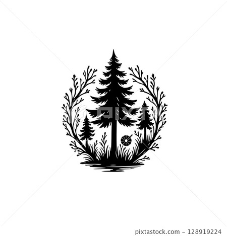 Monochrome coniferous forest illustration design with intricate branches wreath scenery Monochrome coniferous forest illustration design with intricate branches wreath scenery 128919224