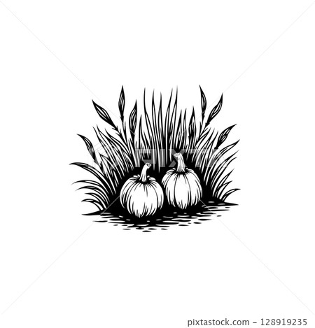 Elegant Autumnal Scene: Hand-Drawn Pumpkins Amidst Tall Grass Illustration 128919235