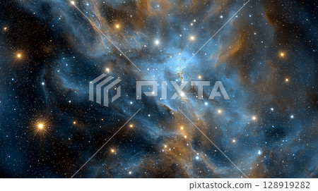 一幅奇妙的太空背景插圖，上面有閃亮的星星和藍色星星雲 128919282