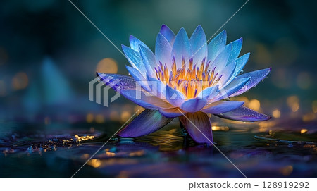 Beautiful blue lotus flower blooming on water, serene and vibrant scene. 128919292