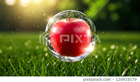 Fresh red apple inside a transparent sphere, floating over green grass with sunlight. 128919379