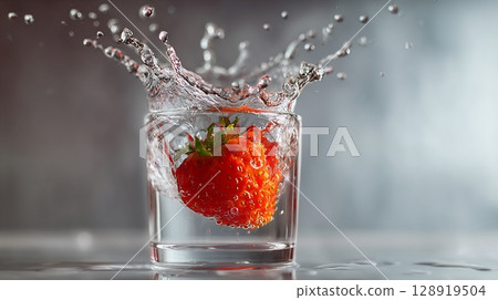 Vivid splash as a ripe strawberry drops into a clear glass of water. 128919504