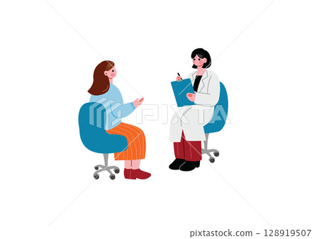 Female patient receiving medical examination from doctor 128919507