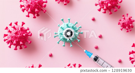 Syringe target medicine stylized virus with bullseye pattern, surrounded by other virus models on pink background 128919630
