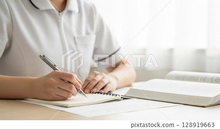 Asian nurse's hands studying 128919663