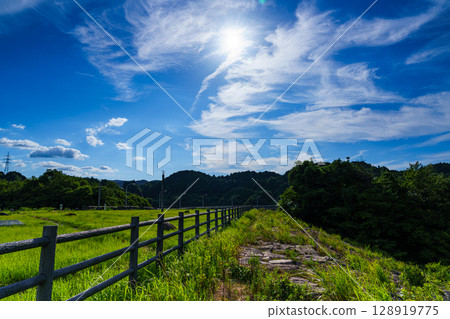 2025年夏天奈良佈目水壩的風景。陽光在水壩上閃耀。從停車場旁的廣場望向對岸。 2025年夏天奈良佈目水壩的風景。陽光在水壩上閃耀。從停車場旁的廣場望向對岸。 128919775