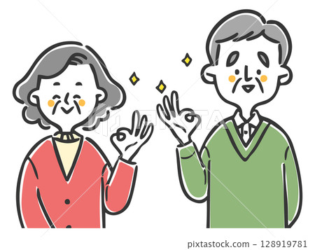 Senior couple making an OK sign, upper body, vector 128919781