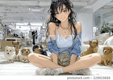Dog Cafe - Illustration of a smiling woman surrounded by dogs 128919888
